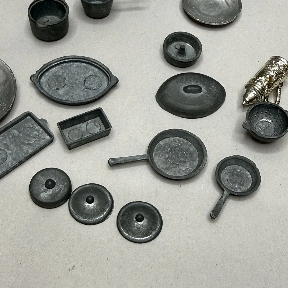 Vintage dollhouse lot miniature cooking pans pots‎ flatware metal tools kitchen